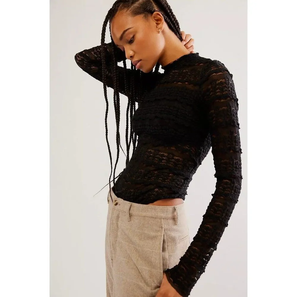 Free People Intimately Angelina Bodysuit Top Sheer Long Sleeve Black XS 289802